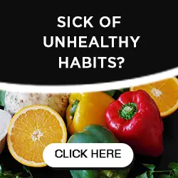 A graphic with the text "Sick of unhealthy habits?" on a black background. Below, there are colorful vegetables and fruits including bell peppers, oranges, and lettuce. A button reads "Click here."