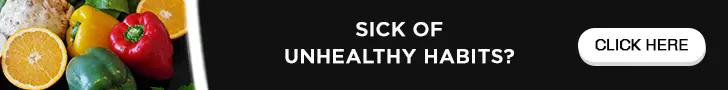 Banner with colorful vegetables and fruits on the left, such as bell peppers and an orange. The right side has text that reads "Sick of Unhealthy Habits?" with a "Click Here" button.