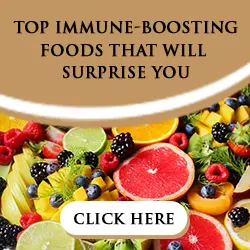 Image featuring a variety of sliced fruits including citrus, berries, and pineapples, with text above reading "Top Immune-Boosting Foods That Will Surprise You" and a "Click Here" button below.