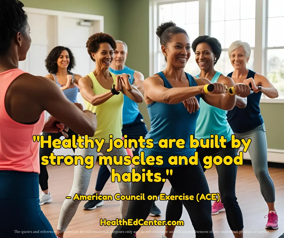A group of diverse people exercise together in a fitness class, smiling and holding resistance bands. The text on the image reads, "Healthy joints are built by strong muscles and good habits." – American Council on Exercise (ACE). HealthEdCenter.com is at the bottom.