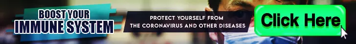 Banner with text: "Boost Your Immune System" and "Protect yourself from the coronavirus and other diseases." A green button reads "Click Here." The background shows a person wearing a mask.