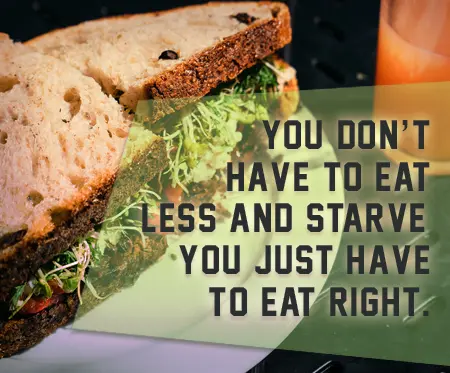 A sandwich on whole-grain bread with greens and tomato slices is placed on a plate. A glass of orange juice is in the background. Overlaid text reads, "You don't have to eat less and starve. You just have to eat right."