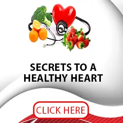 A collection of healthy foods and a heart-shaped stethoscope above the text "Secrets to a Healthy Heart." Below is a "Click Here" button.