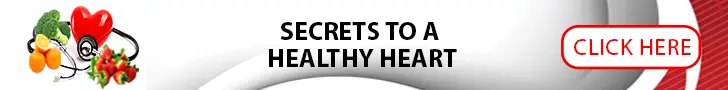 Banner with the text "Secrets to a Healthy Heart" featuring icons of fruits, vegetables, and a red heart with a stethoscope on the left. A "Click Here" button is on the right.
