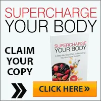 An image advertisement featuring a book titled "Supercharge Your Body" with a cover displaying fruits and white pills. The text says "Supercharge Your Body," "Claim Your Copy," and "Click Here" on a yellow button with a right-facing arrow.