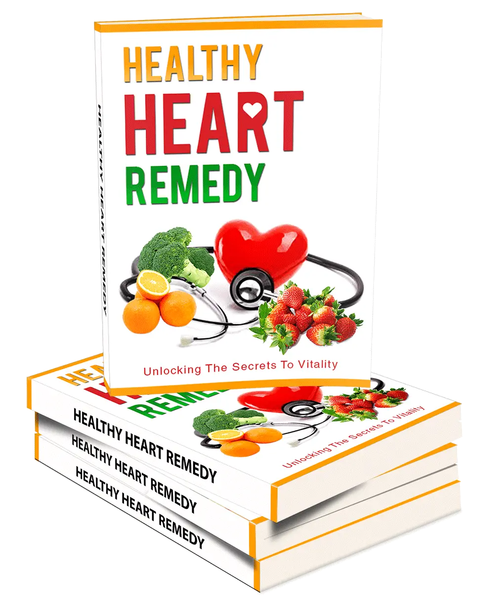 Stack of books titled "Healthy Heart Remedy." The cover features fruits, vegetables, a heart-shaped object, and a stethoscope. The tagline reads "Unlocking The Secrets To Vitality."
