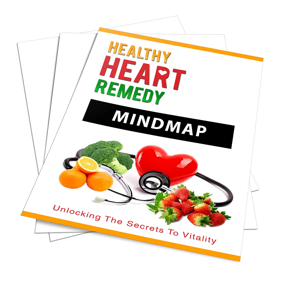 Cover of a mind map titled "Healthy Heart Remedy." It features images of broccoli, oranges, a red heart with a stethoscope, and strawberries. The subtitle reads "Unlocking The Secrets To Vitality."