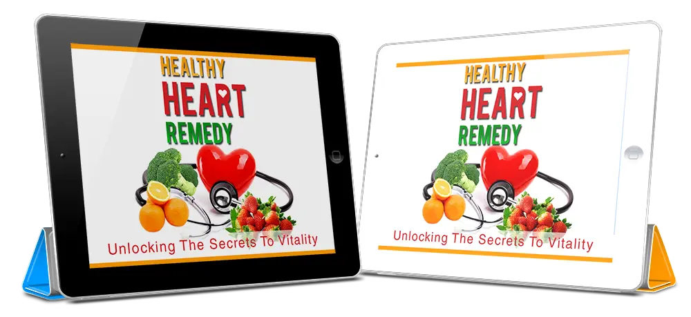 Two tablets display the "Healthy Heart Remedy" program cover. The image features a stethoscope, a red heart, oranges, broccoli, and strawberries, with the tagline "Unlocking The Secrets To Vitality."