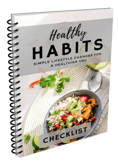 A spiral-bound book titled "Healthy Habits: Simple Lifestyle Changes for a Healthier You." The cover features a bowl of mixed vegetables and rice, garnished with herbs, and a spoon resting on a cloth. The word "Checklist" is at the bottom.