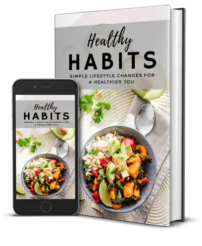 The image shows a book and a smartphone displaying the same cover titled "Healthy Habits: Simple Lifestyle Changes for a Healthier You." The cover features a bowl of colorful vegetables and grains, garnished with avocado slices. The arrangement is set on a textured placemat with cutlery.