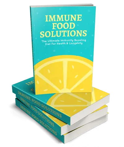 Stack of books with the title "Immune Food Solutions" on a blue cover featuring a stylized lemon slice. The subtitle reads, "The Ultimate Immunity Boosting Diet For Health & Longevity."