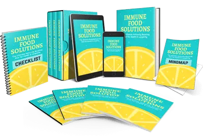 A collection of health-related materials titled "Immune Food Solutions" featuring books, checklists, a phone, a tablet, and a mind map with teal covers and yellow accents depicting sliced lemons.