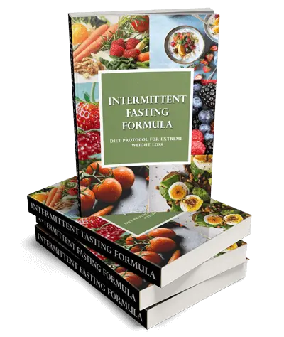 A stack of three books titled "Intermittent Fasting Formula: Diet Protocol for Extreme Weight Loss." The cover features various images of fruits and vegetables, including strawberries, raspberries, and oranges, with a green central square displaying the title.