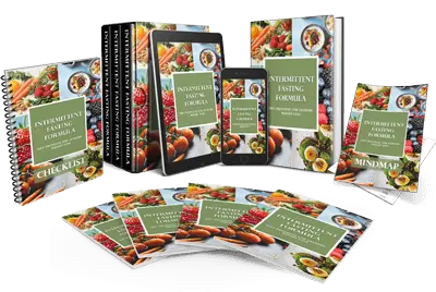 A collection of digital and printed materials featuring the title "Intermittent Fasting Formula." The set includes books, a tablet, a smartphone, checklists, and mind maps, all with covers showing various healthy foods such as fruits and vegetables.
