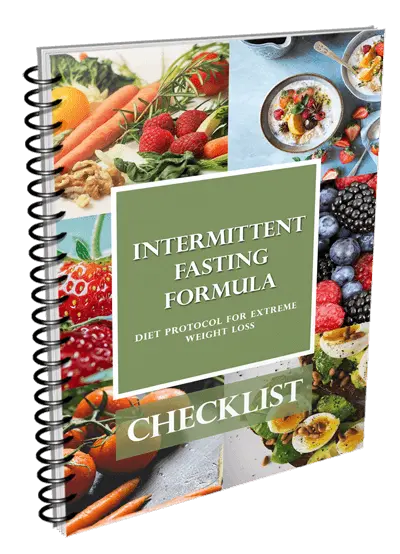 Spiral-bound booklet titled "Intermittent Fasting Formula: Diet Protocol for Extreme Weight Loss, Checklist." The cover features images of fresh fruits, vegetables, and healthy meals.