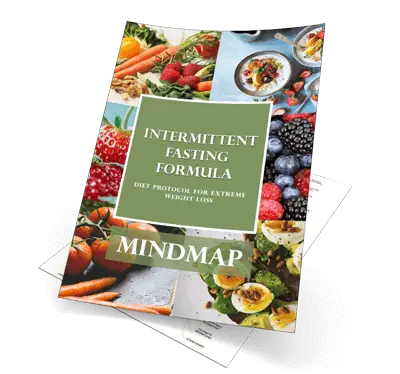 A booklet titled "Intermittent Fasting Formula: Diet Protocol for Extreme Weight Loss" with the word "Mindmap" below. The cover features images of assorted fruits, vegetables, and healthy meals.
