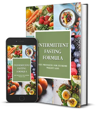 An image of a book and a smartphone displaying the cover of "Intermittent Fasting Formula: Diet Protocol for Extreme Weight Loss." The cover features a green block with the title, surrounded by images of colorful fruits and vegetables, indicating a focus on healthy eating.