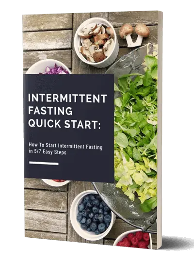 Cover of a book titled "Intermittent Fasting Quick Start: How to Start Intermittent Fasting in 5/7 Easy Steps." The background features a wooden table with bowls of various foods, including mushrooms, lettuce, blueberries, and red berries.