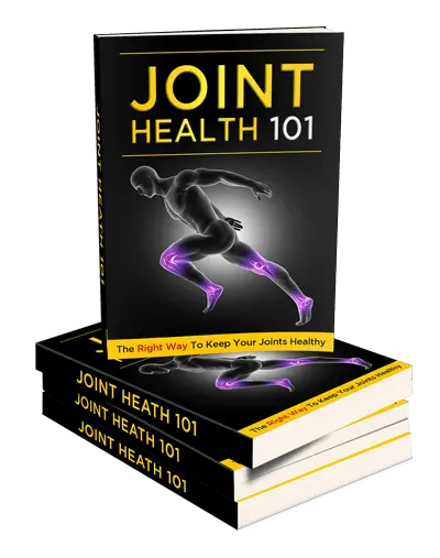 A stack of books titled "Joint Health 101" with the subtitle "The Right Way to Keep Your Joints Healthy" on the cover. The cover features an illustration of a human figure running, with highlighted joints in purple.