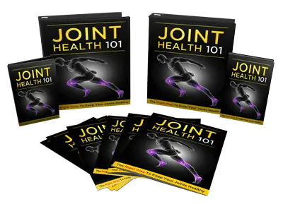 A collection of materials titled "Joint Health 101" featuring a graphic of a running figure with highlighted joints. The set includes books, CDs, and pamphlets, emphasizing joint health.