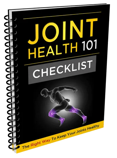 A spiral-bound book cover titled "Joint Health 101 Checklist" features a silhouette of a person running, with highlighted joints in purple. The tagline at the bottom reads, "The Right Way To Keep Your Joints Healthy."
