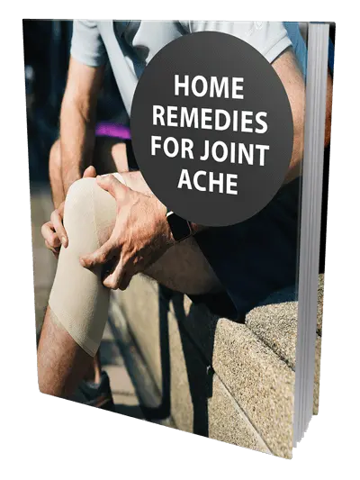 Cover of a book titled "Home Remedies for Joint Ache." It features an image of a person sitting on a stone bench, applying a wrap to their knee.