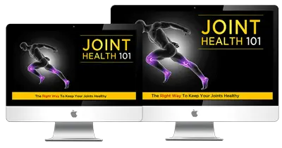 Two computer screens displaying the "Joint Health 101" program cover. The image features a dynamic graphic of a running person with highlighted purple joints, set against a black background. The title is prominently displayed in yellow and white text.