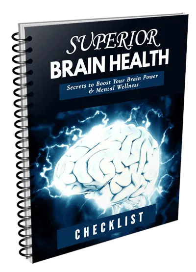 A spiral-bound book titled "Superior Brain Health" featuring a glowing brain illustration on the cover. The tagline reads "Secrets to Boost Your Brain Power & Mental Wellness" and the word "Checklist" is at the bottom.