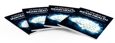 Four copies of a book titled "Superior Brain Health" are fanned out. The cover features an illuminated brain on a dark background.
