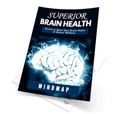 The image shows a booklet titled "Superior Brain Health: Secrets to Boost Your Brain Power & Mental Wellness." The cover features an illustration of a glowing brain with a blue and black background. The word "Mindmap" is at the bottom.