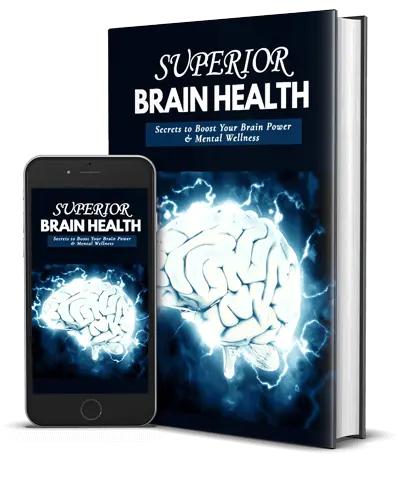 A book and smartphone displaying the same cover design. The cover features the title "Superior Brain Health" and a glowing illustration of a brain with electric blue accents. Subtext reads, "Secrets to Boost Your Brain Power & Mental Wellness."