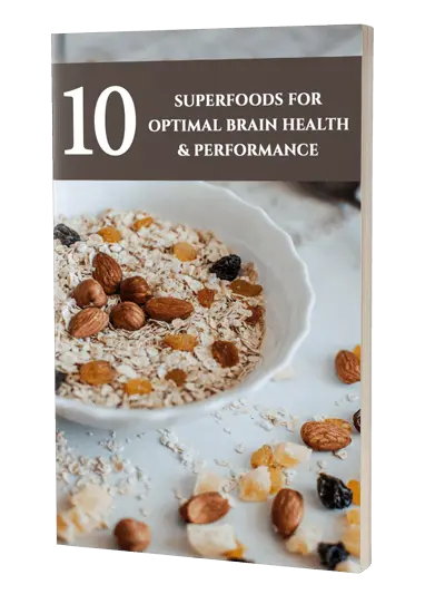 Cover of a book titled "10 Superfoods for Optimal Brain Health & Performance." It features a bowl of oats mixed with almonds and dried fruits on the cover.