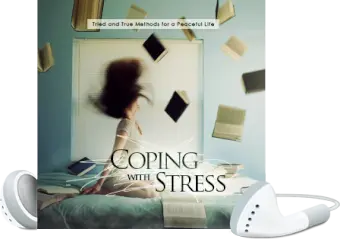 A person sits on a bed with their hair dramatically flipped backwards. Books are suspended in mid-air around them. The image features the text "Coping with Stress" and "Tried and True Methods for a Peaceful Life" on the wall.
