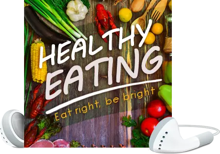 Healthy Eating poster featuring an assortment of fresh vegetables and kitchen utensils arranged around the text. The phrase "Eat right, be bright" is included below.