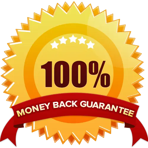 A gold starburst emblem with the text "100%" in the center, encircled by stars. A red ribbon at the bottom displays the words "Money Back Guarantee."