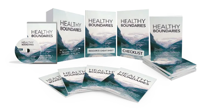 A collection of materials titled "Healthy Boundaries," including a DVD, booklets, a resource cheat sheet, and a checklist. Each item features a cover image of a serene mountainous landscape with a cloudy sky.