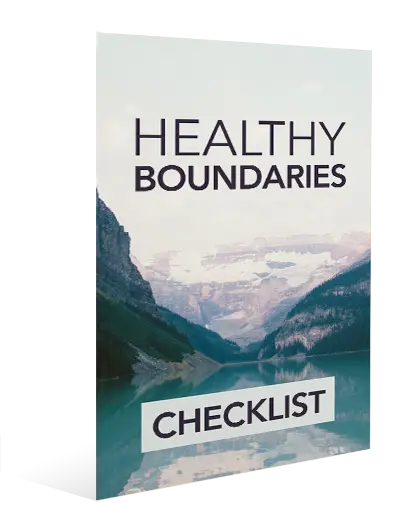 A booklet cover titled "Healthy Boundaries Checklist" features an image of a serene mountain lake with surrounding peaks.