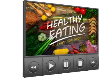 A digital display featuring vibrant vegetables and fruits, with the text "Healthy Eating: Eat right, be bright" overlaid. The display is designed like a video player interface with buttons for play, pause, skip, and rewind below the image.