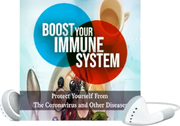A graphic with overlapping blue and red circles contains the text "Boost Your Immune System." Below, it reads "Protect Yourself From The Coronavirus and Other Diseases," over a background of various fruits and vegetables.