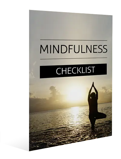 A silhouette of a person practicing yoga on a beach during sunset. The sky is cloudy, and the sun is low on the horizon over the water. The text "Mindfulness Checklist" is displayed across the image.