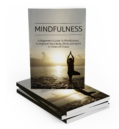 A stack of books titled "MINDFULNESS: A Beginner's Guide to Mindfulness to Improve Your Body, Mind, and Spirit in Times of Chaos." The cover features a person practicing yoga by the sea at sunset, creating a peaceful, meditative atmosphere.