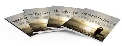 A stack of four open books with the title "Mindfulness" on the covers. The cover image shows a person practicing yoga on a beach during sunrise or sunset.