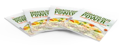 Four copies of a magazine titled "The Miraculous Power of Fruits & Vegetables" are fanned out on a smooth surface. The cover features an image of a colorful salad.