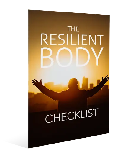 Cover of "The Resilient Body Checklist" featuring a silhouette of a person with arms raised against a sunset city skyline.