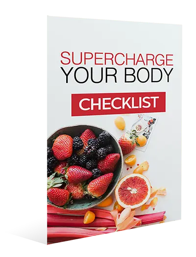 Cover of a checklist titled "Supercharge Your Body" featuring a bowl of assorted berries and a halved grapefruit with scattered orange slices and rhubarb stalks on a light background.