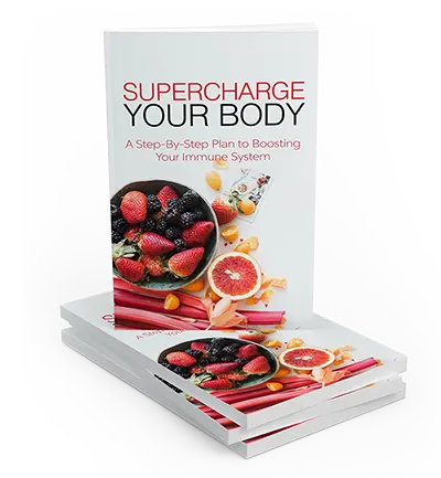 Cover of a book titled "SUPERCHARGE YOUR BODY: A Step-By-Step Plan to Boosting Your Immune System." It features images of fresh fruits and vegetables like strawberries, blackberries, and grapefruit. The book is on a stack of similar books.