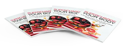 Four booklets are fanned out on a surface. The cover reads "Supercharge Your Body" in bold letters. There's an image of a plate with strawberries, blueberries, and other fruits, along with a sliced grapefruit on each cover.
