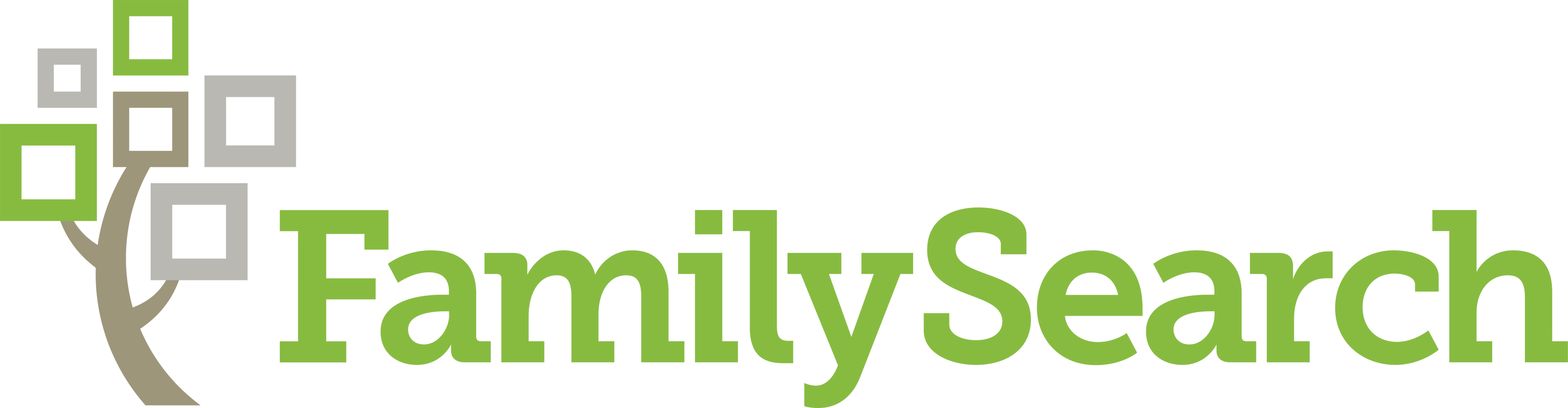Logo of FamilySearch featuring a stylized tree with square leaves in green and gray, next to the word "FamilySearch" in green text.