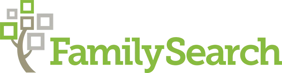 Logo of FamilySearch featuring a stylized tree with square leaves in green and gray, next to the word "FamilySearch" in green text.